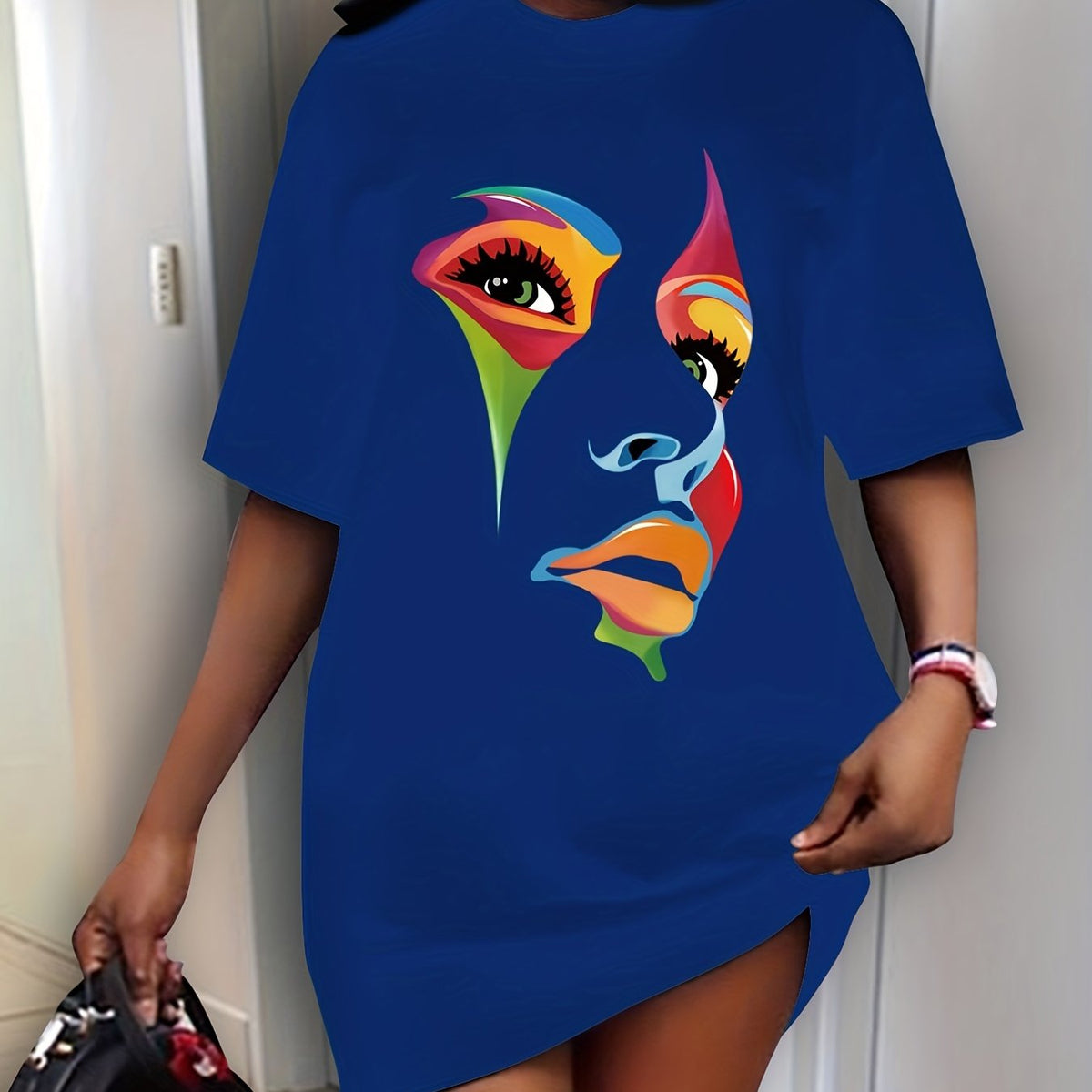  Abstract Print Short Sleeve High Stretch Dress