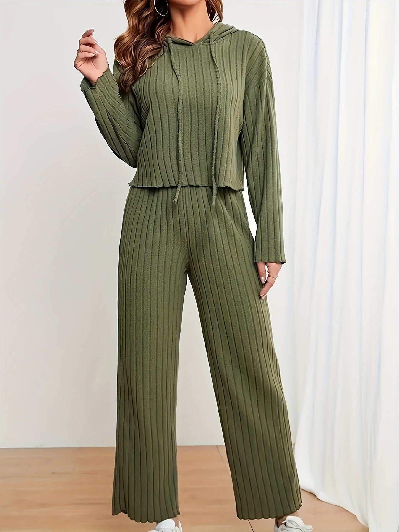  Solid Long Sleeve Hoodie & Pants 2 Piece Set