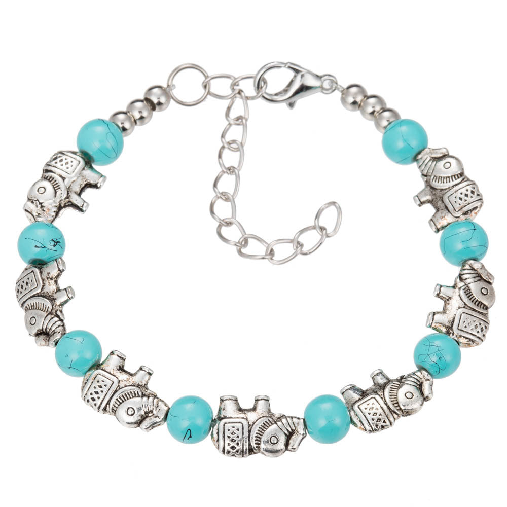 Vintage Silver Turquoise Butterfly Bracelet Chain Beads Bangle Wedding Gift