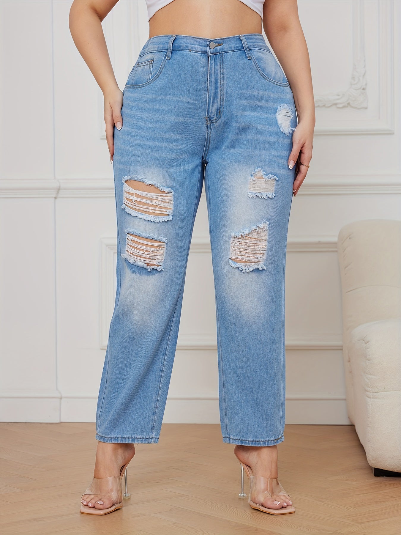  Ripped Button Fly High Waisted Washed Jeans