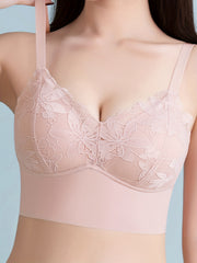 Lace Flower Full Coverage Push Up Sports Bra Wirefree V Neck
