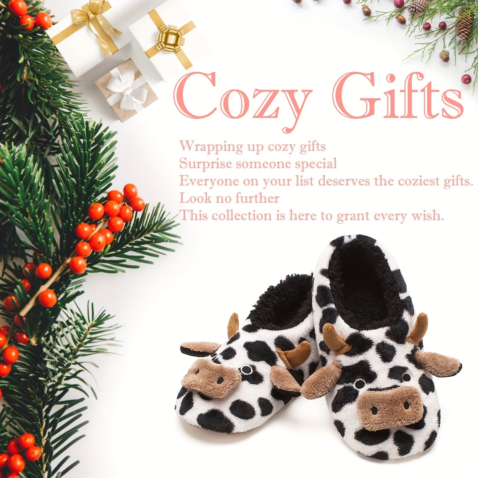 Cow Print Slippers Plush Lined Slip On Shoes Lightweight Indoor Home Slippers