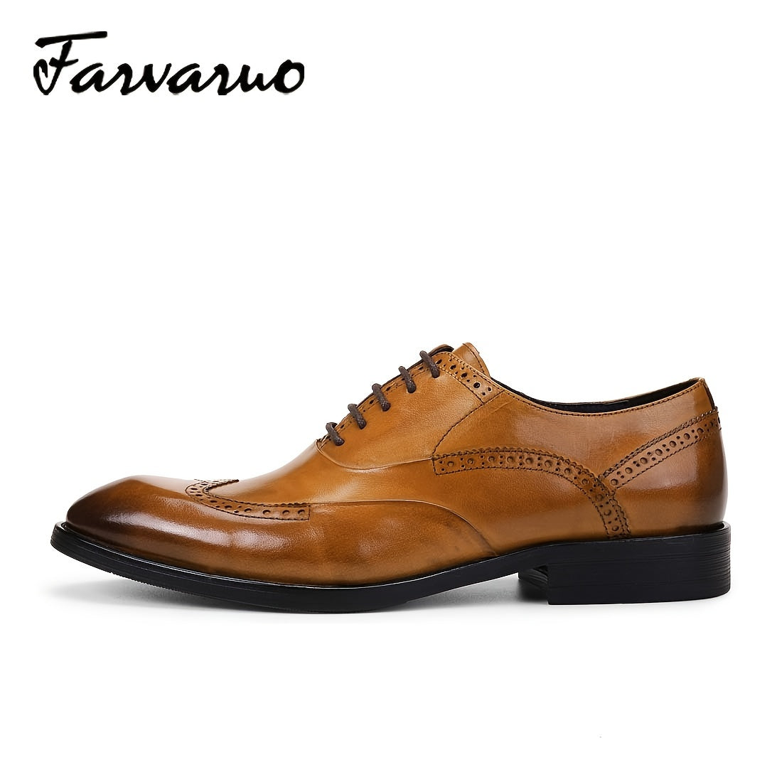 FARWARWO Wingtip Brogue Leather Oxford Shoes Light Brown