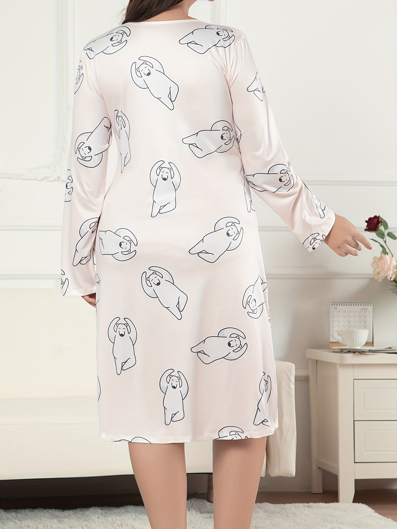 Women's Plus Polar Bear Print Lace Trim Long Sleeve Nightdress