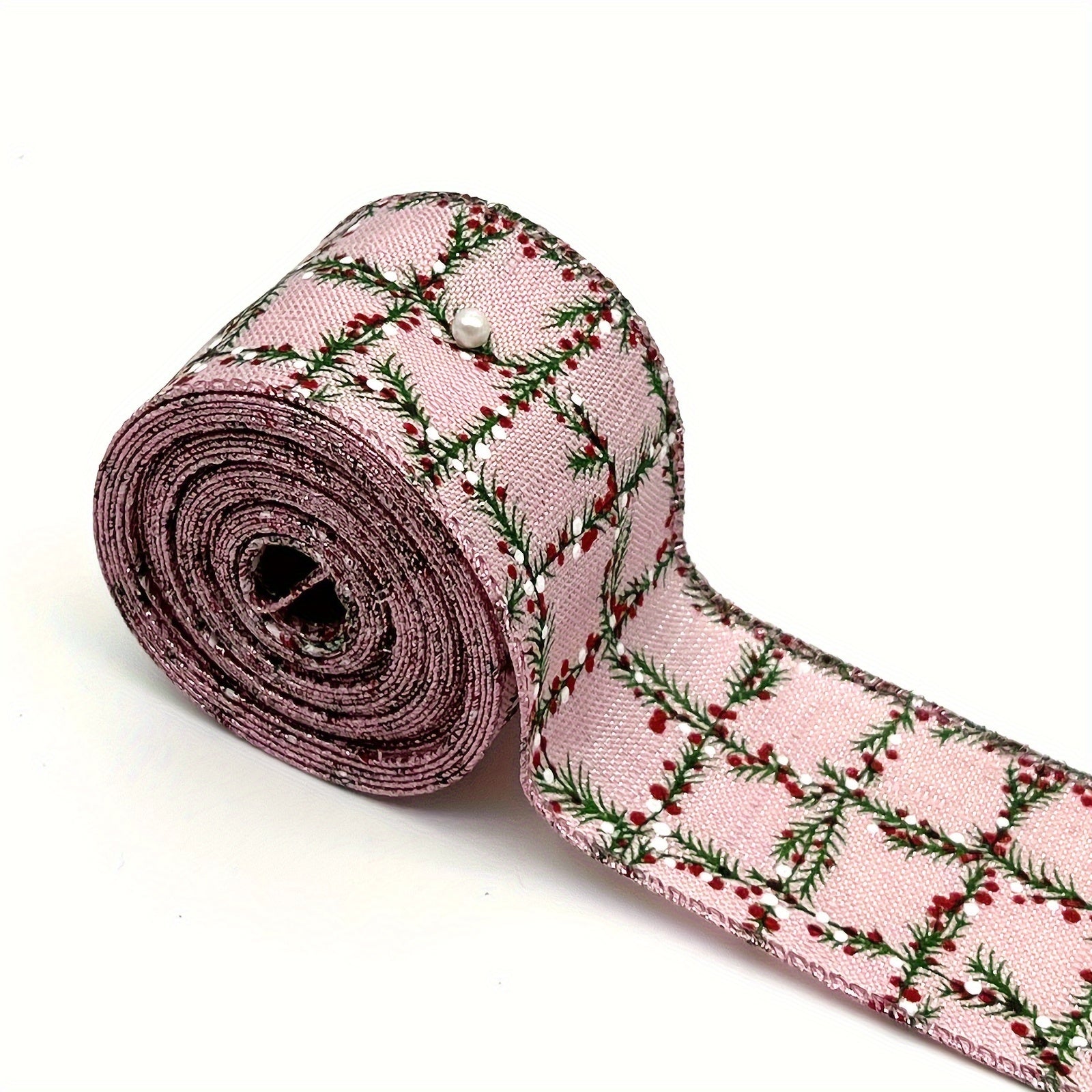 1pc 4 57 Meter Christmas Wired Edge Ribbon Green Twig Checked Pattern
