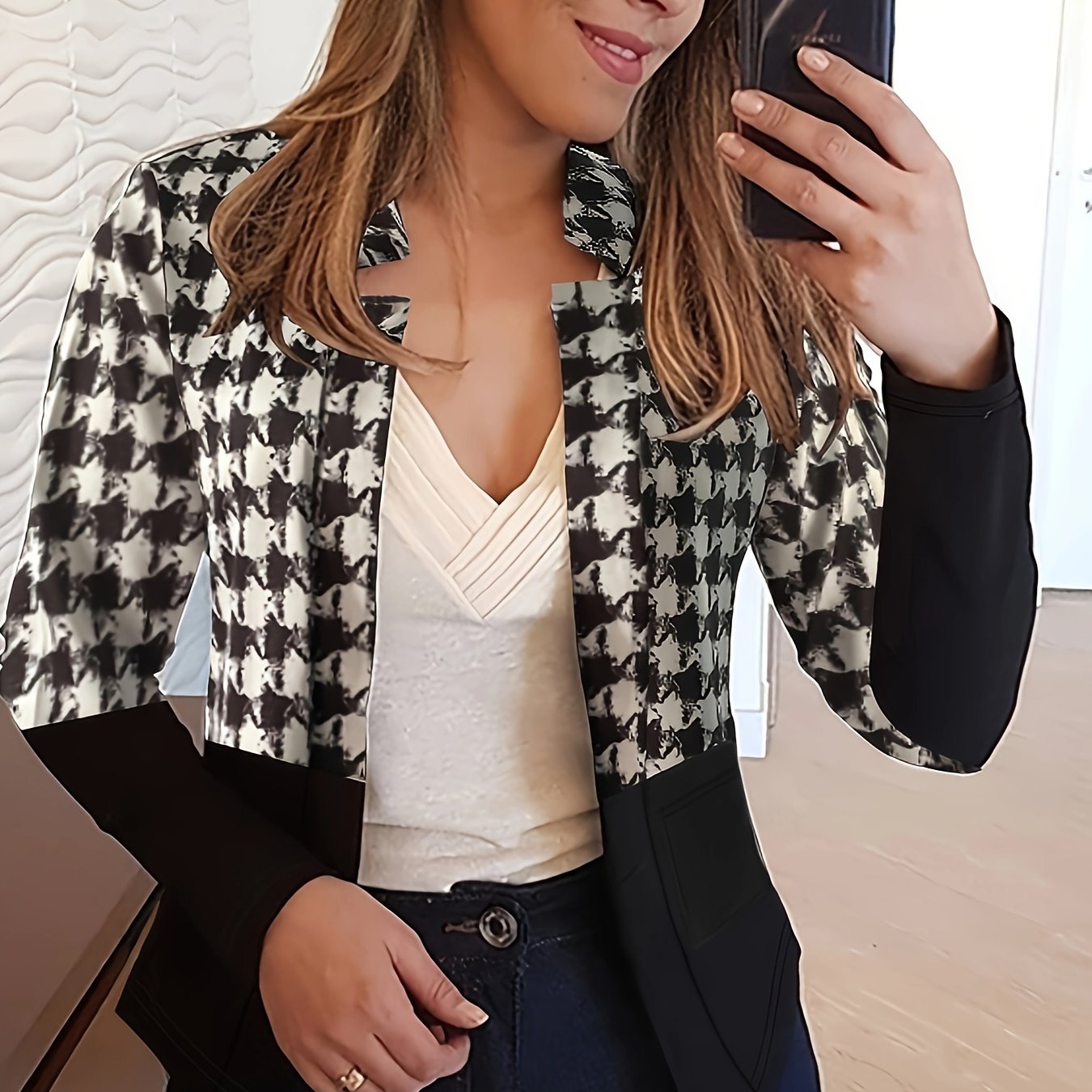  Colorblock Houndstooth Print Long Sleeve Slim Fit Blazer
