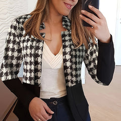  Colorblock Houndstooth Print Long Sleeve Slim Fit Blazer