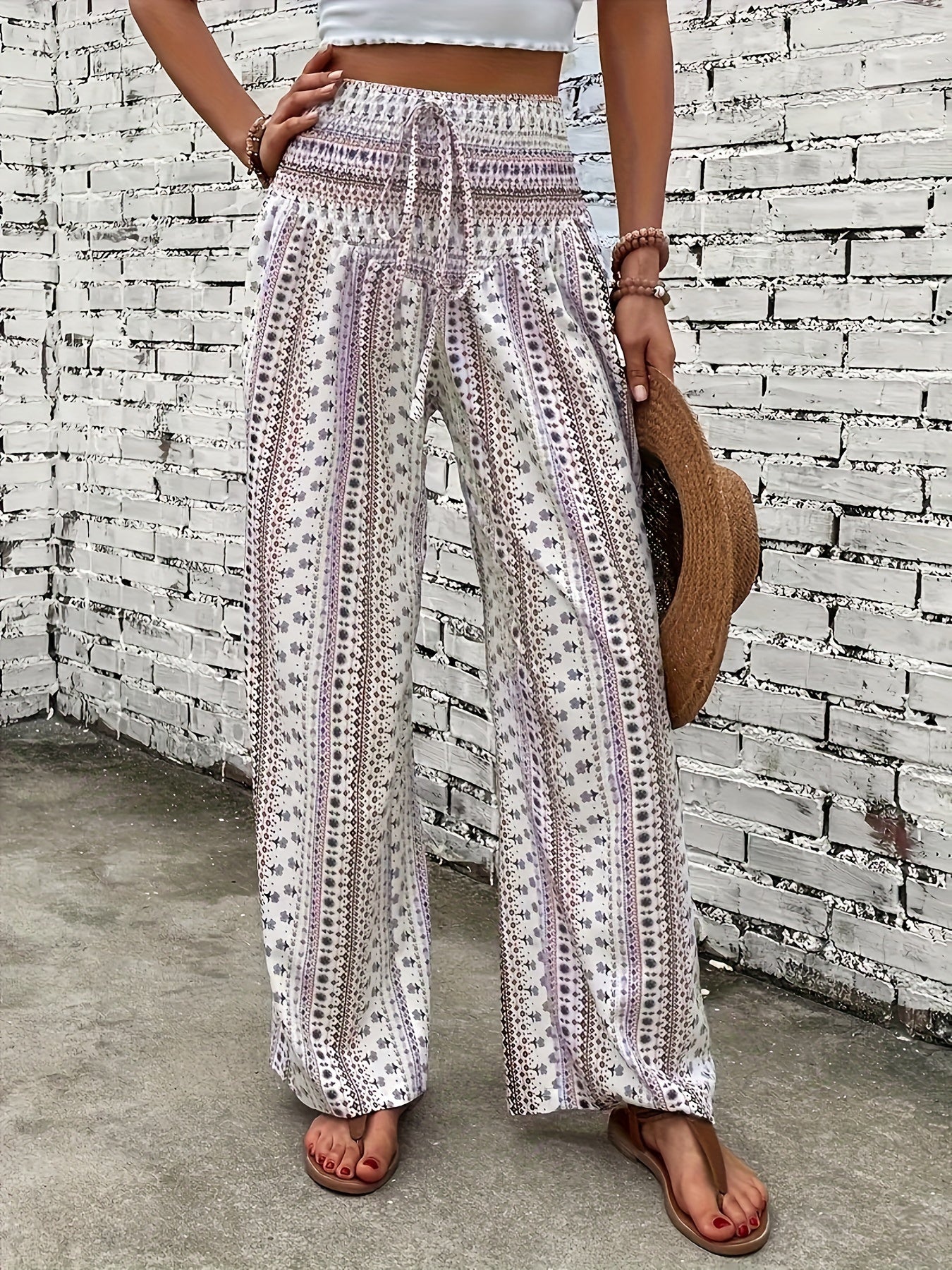 Geo Striped Print High Waist Loose Trousers