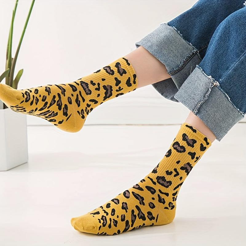 5 Pairs Leopard Print Socks Soft Mid Tube Stockings Women's Hosiery