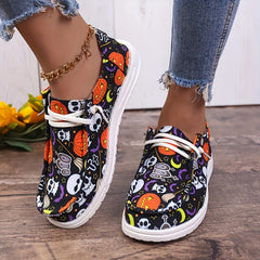 Cartoon Print Lace Up Boat Shoes Low Top Slip On Lightweight Canvas Shoes