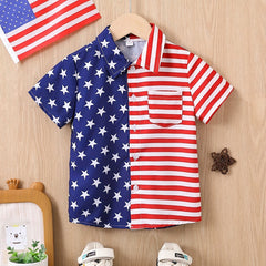 Boys Stars & Stripes Print Shirt Short Sleeve Collared Tops For Kids Summer