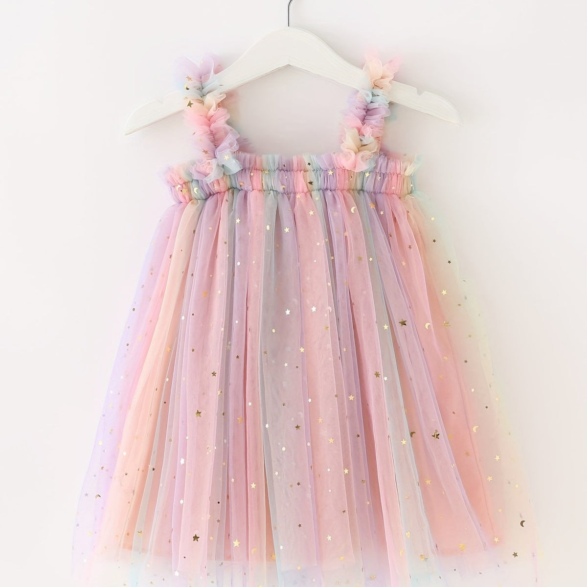 Toddler Girls Sequin Stars Moon Frill Trim Shirred Rainbow Princess Cami Dress