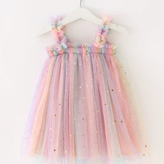 Toddler Girls Sequin Stars Moon Frill Trim Shirred Rainbow Princess Cami Dress