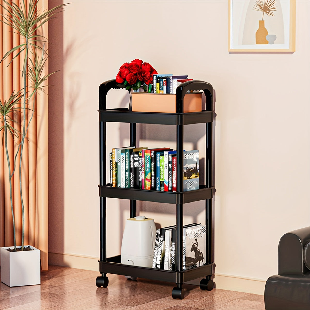 3-Tier Rolling Utility Cart with Handle & Wheels for Kitchen Office Storage
