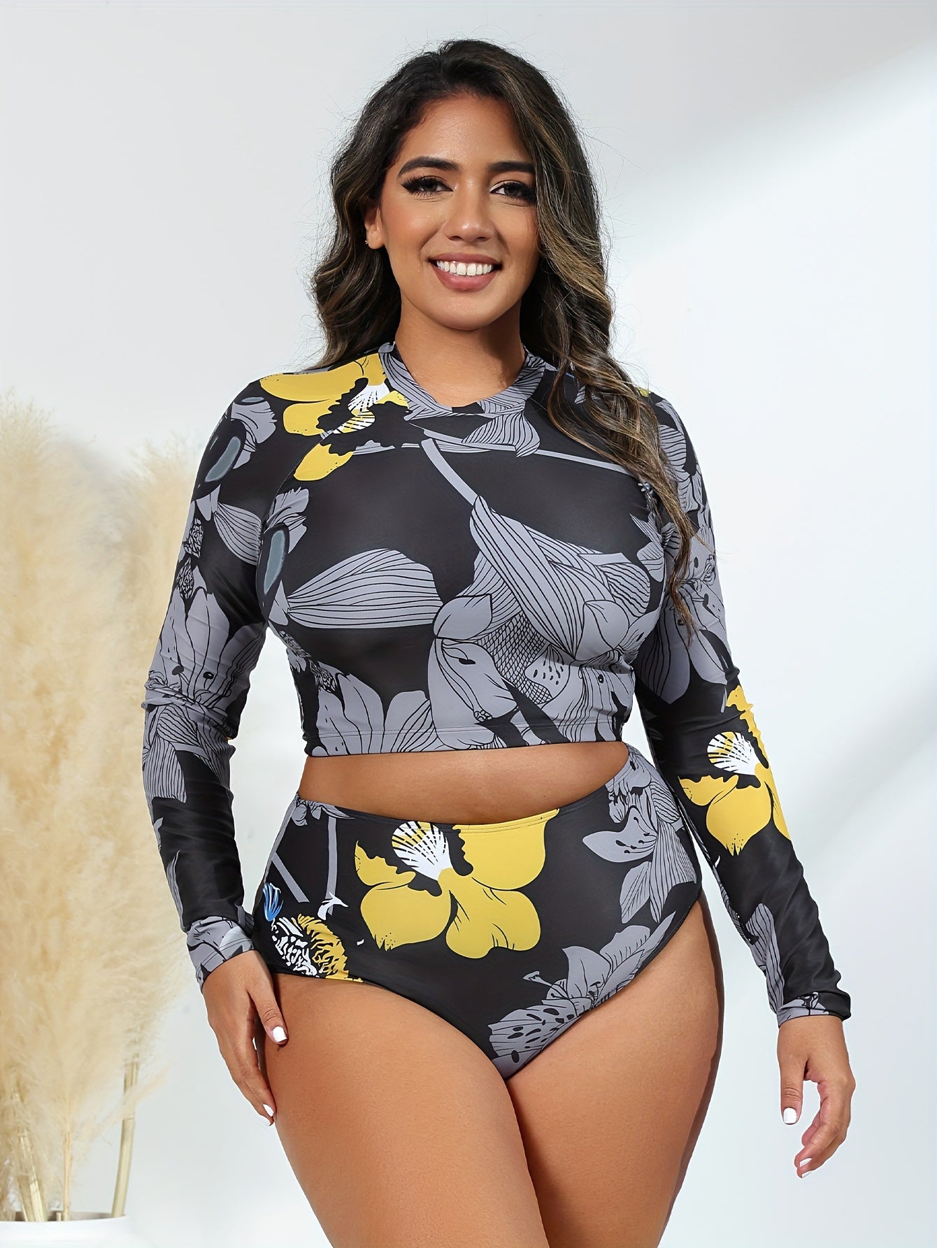  Sporty Bikini Set Women's Floral Print Long Sleeve Crop Top & Pan
