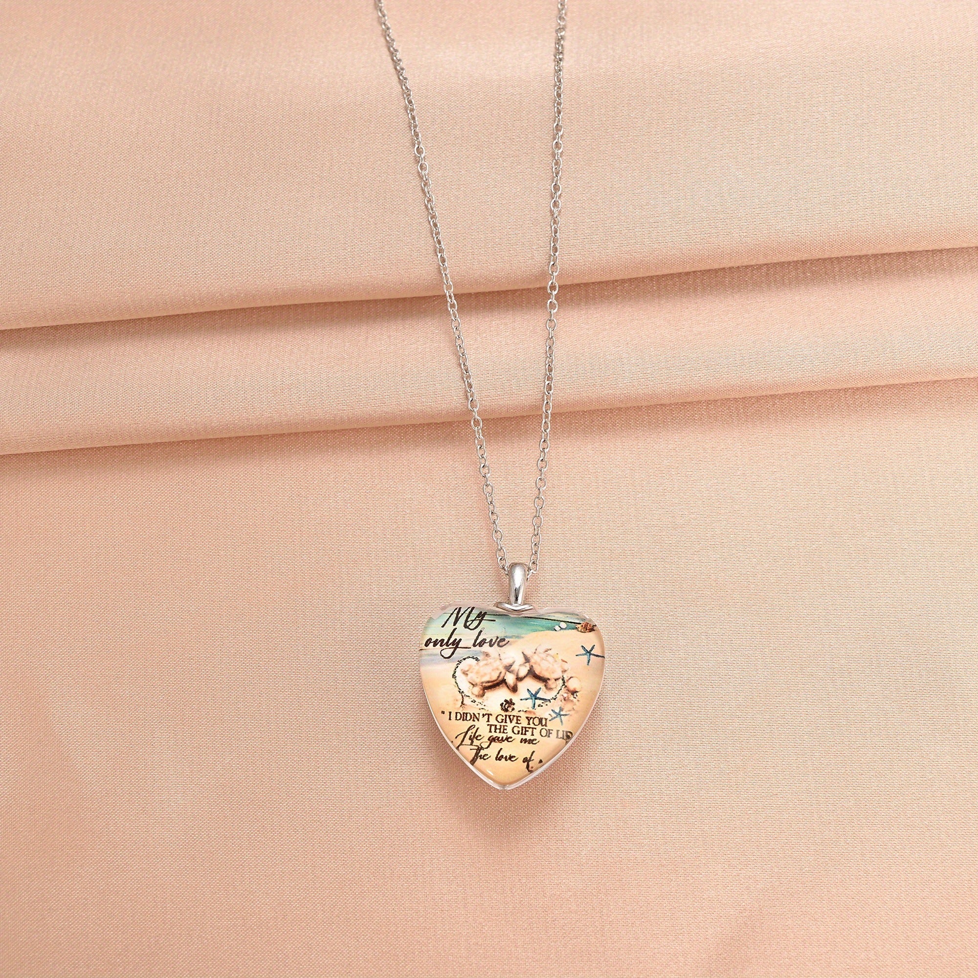 Ocean Pattern Love Heart Crystal Pendant Necklace For Women