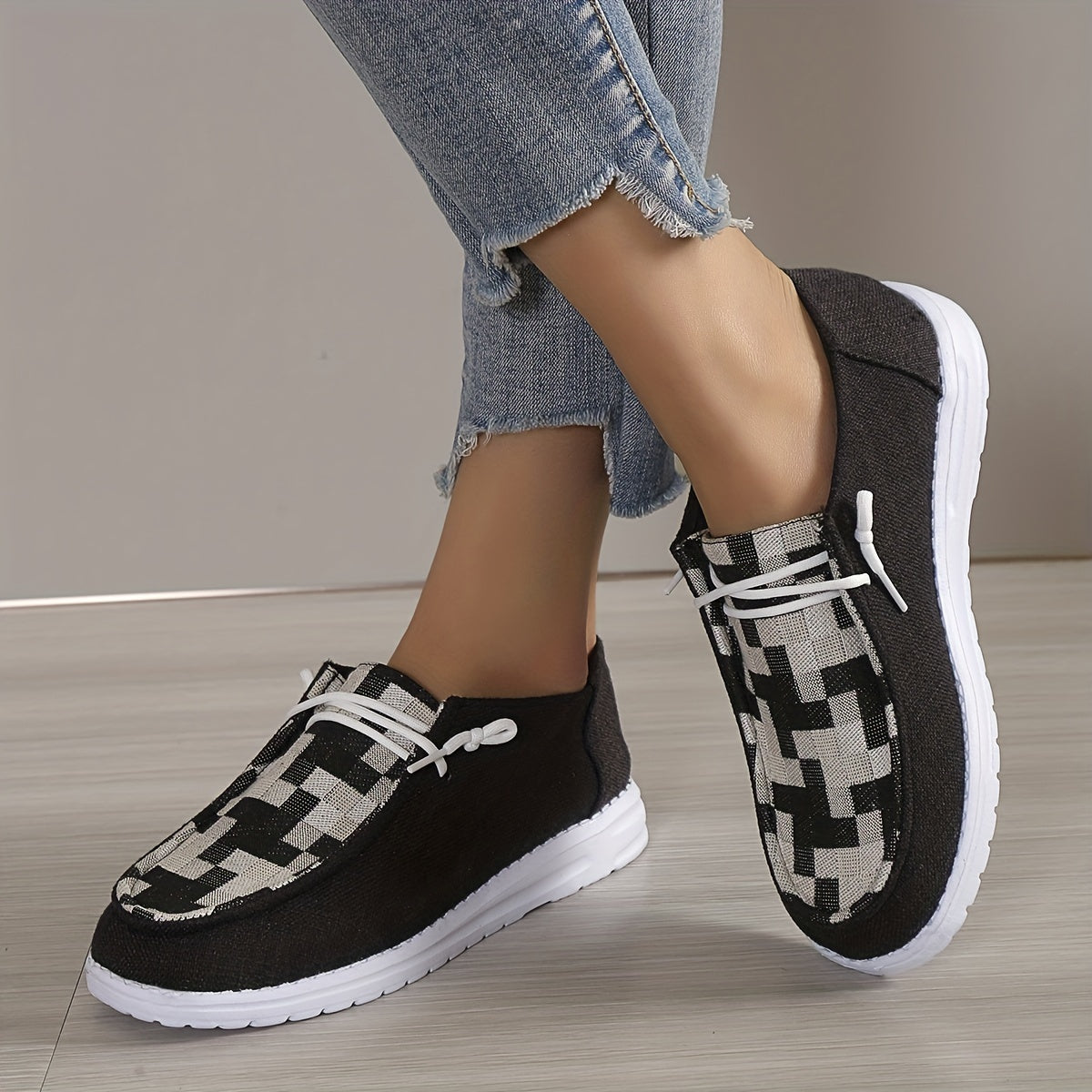 Women's Checkered Flat Loafers Lace Up Walking Shoes