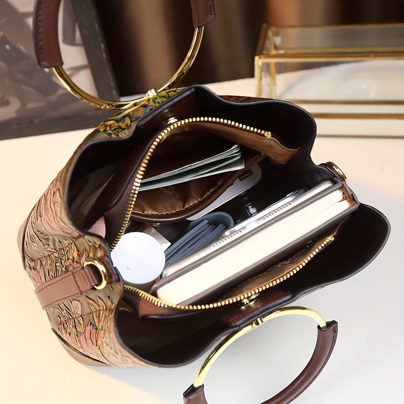 Vintage Flower Pattern Handbag Bucket Bag Women's Crossbody Purse