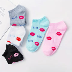 5 Pairs Lips & Letter Print Low Cut Ankle Socks Women's Stockings