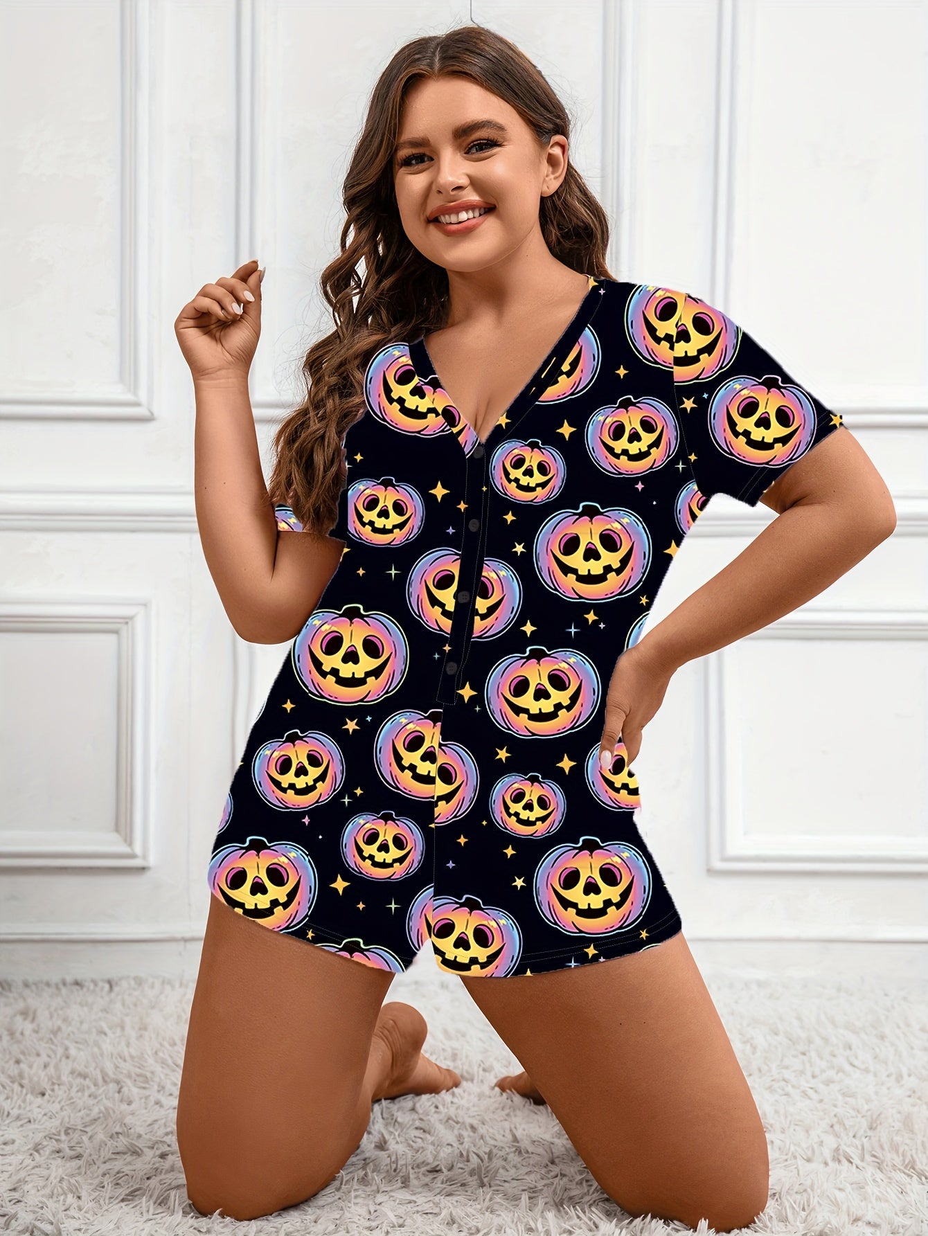  Halloween Pumpkin Print Short Sleeve Lounge Romper