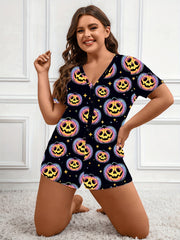  Halloween Pumpkin Print Short Sleeve Lounge Romper