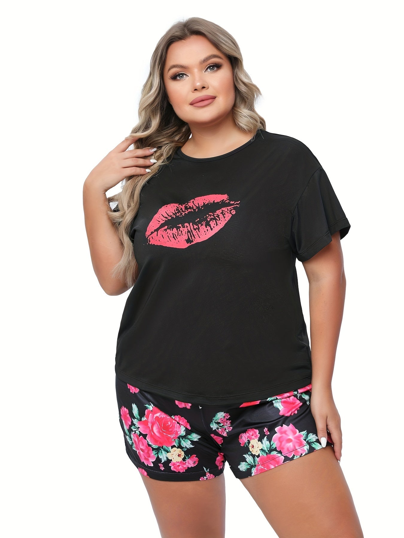  Kiss & Floral Print Tee & Shorts Pajama Set