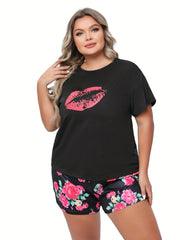  Kiss & Floral Print Tee & Shorts Pajama Set