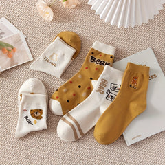 5 Pairs Cartoon Bear Print Socks Women's Mid Tube Stockings