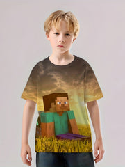 Pixel Farmer 3D Print Boy's T shirt Kids Short Sleeve Casual Top