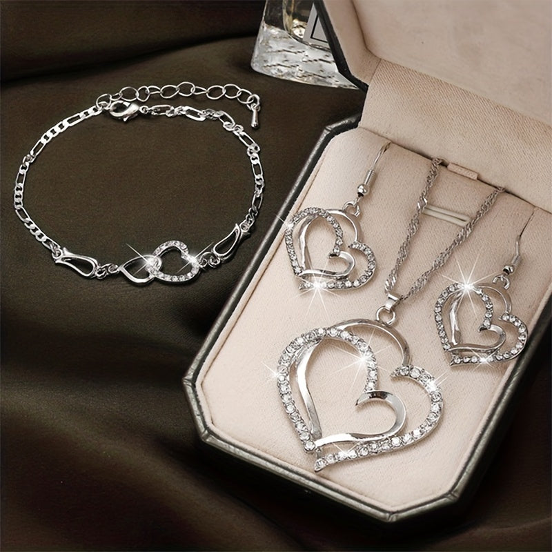 Double Heart Necklace Earrings Bracelet Set Romantic