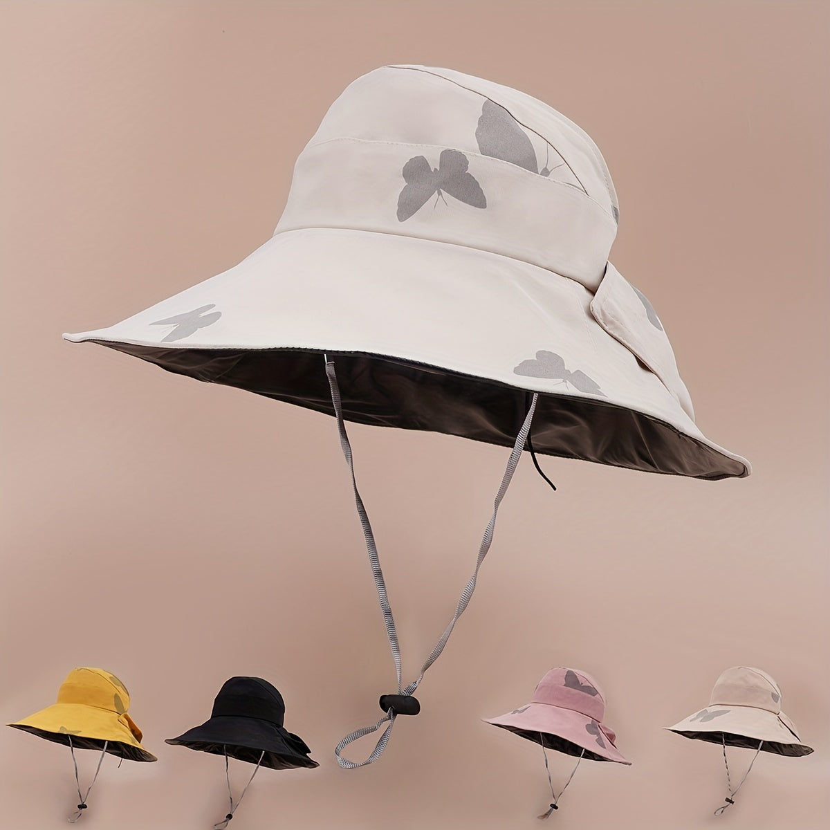 Butterfly Print Wide Brim Bucket Hat UV Protection