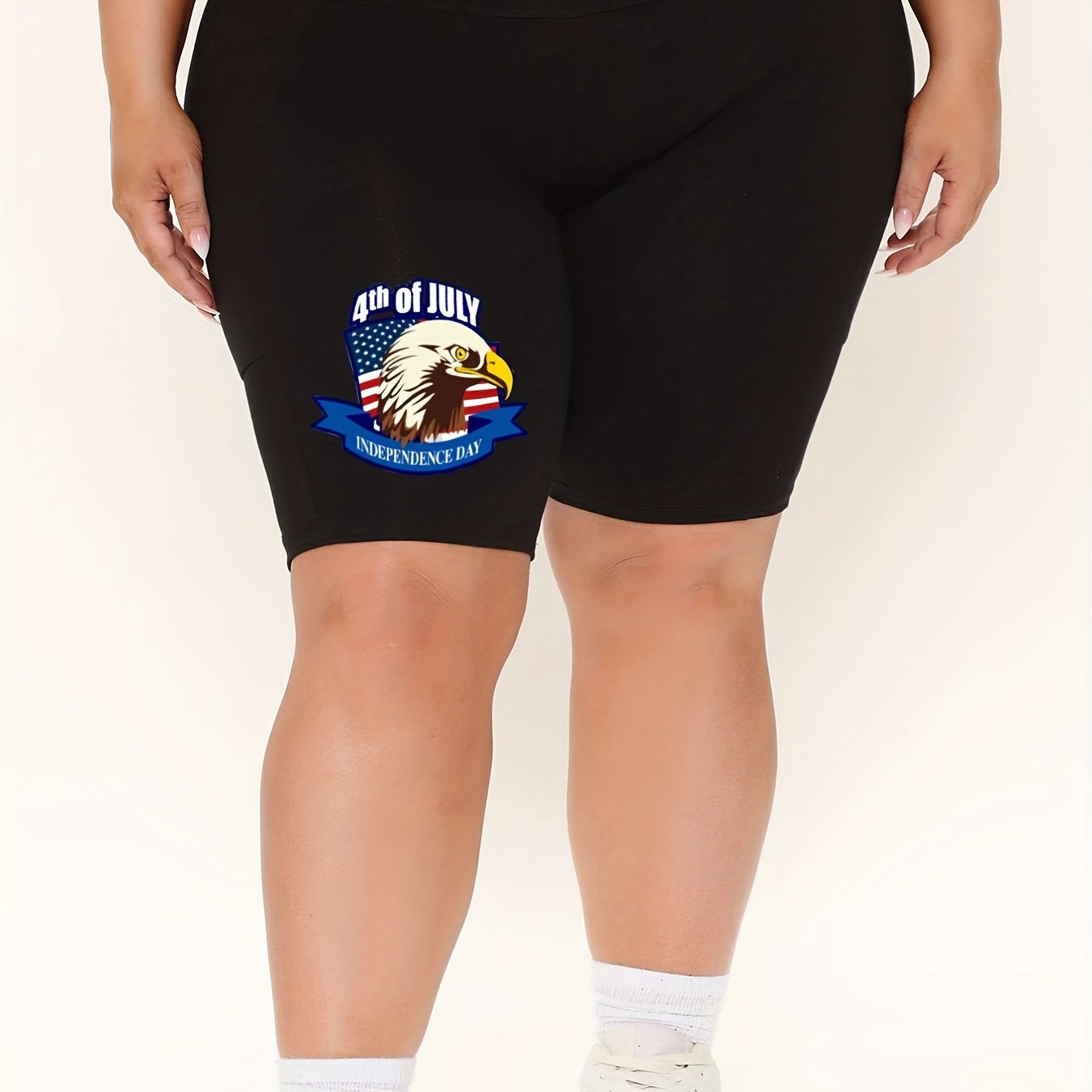 Independence Casual Shorts Women's Plus Eagle & Flag Print High Rise Biker Short