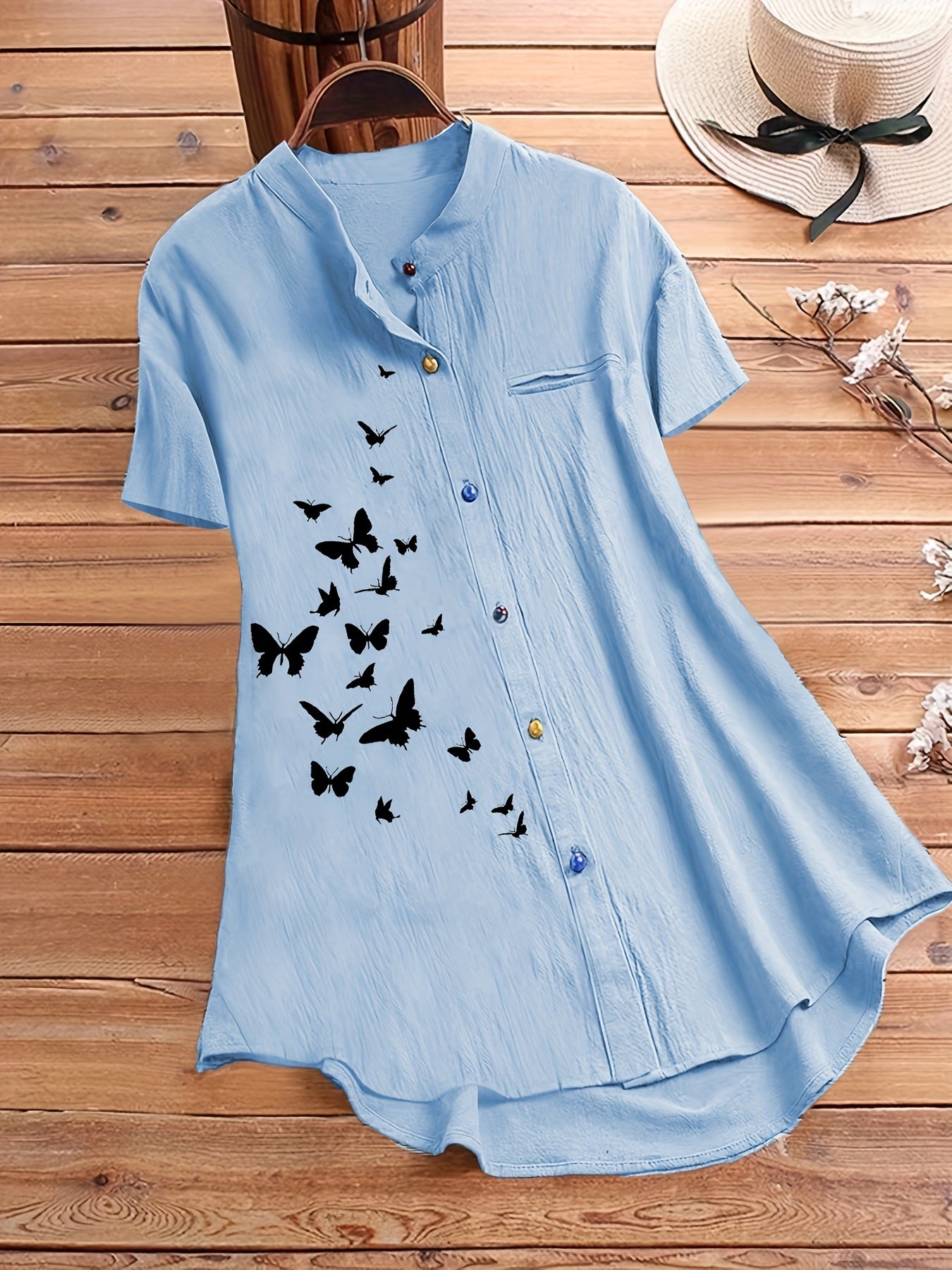  Butterfly Print Short Sleeve Button Shirt