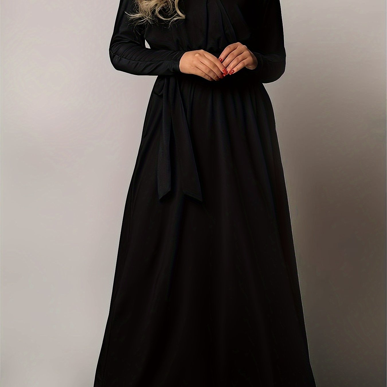  Long Sleeve V Neck Maxi Dress With Belt