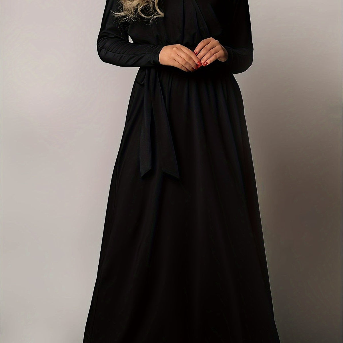  Long Sleeve V Neck Maxi Dress With Belt