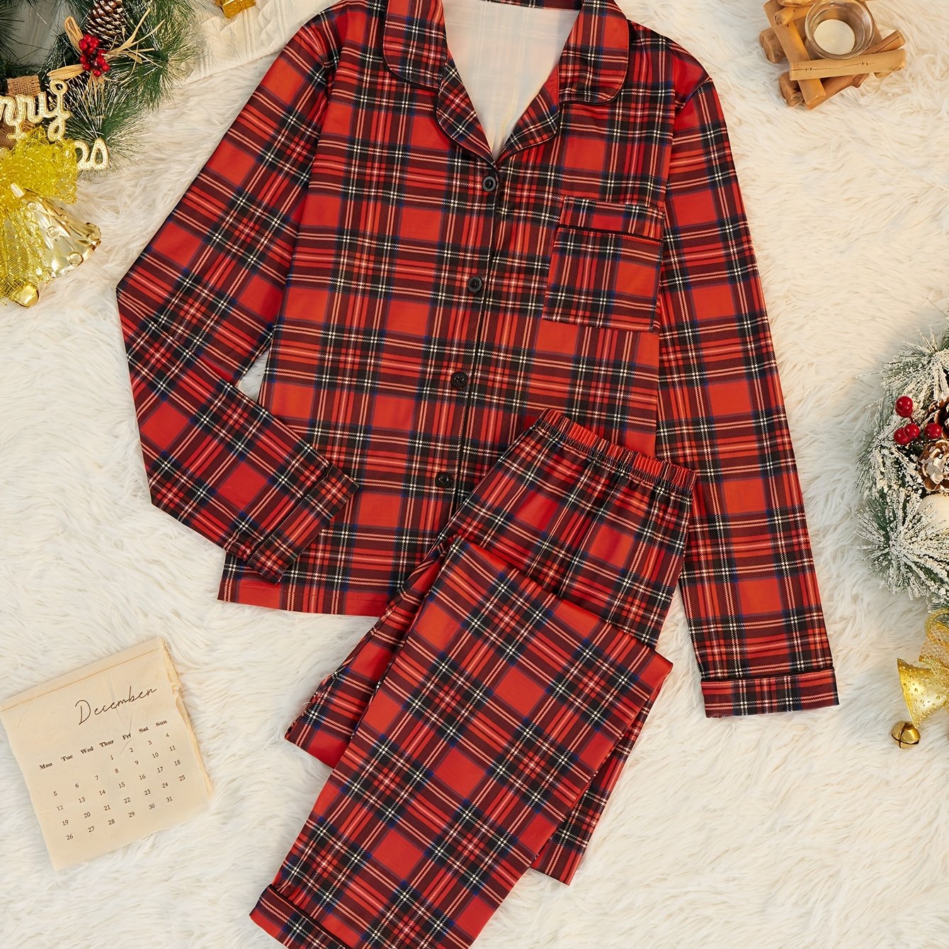 Christmas Plaid Pajama Set Long Sleeve Top & Pants
