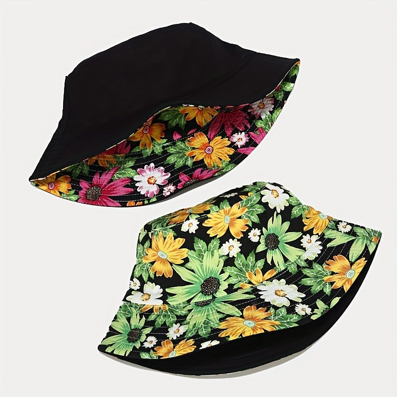 Boho Flower Print Bucket Hat Reversible Lightweight Basin Hat
