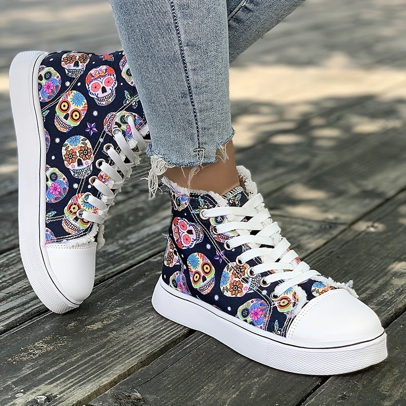 Women's Skull Graphic High Top Canvas Sneakers Lace Up Trainers