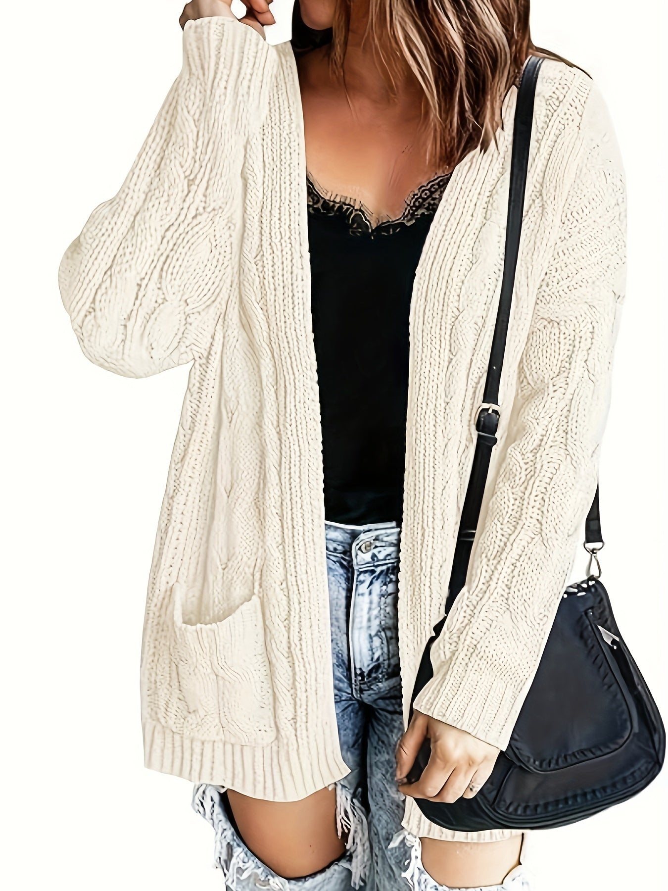 Women's Plus Solid Cable Long Sleeve Open Front Cardigan