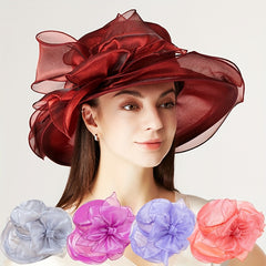 Red Organza Derby Hat Flower Decor Mesh Bucket Hat
