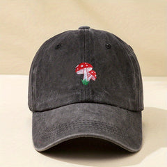 Mushroom Embroidery Baseball Cap Unisex Washed Distressed Dad Hats