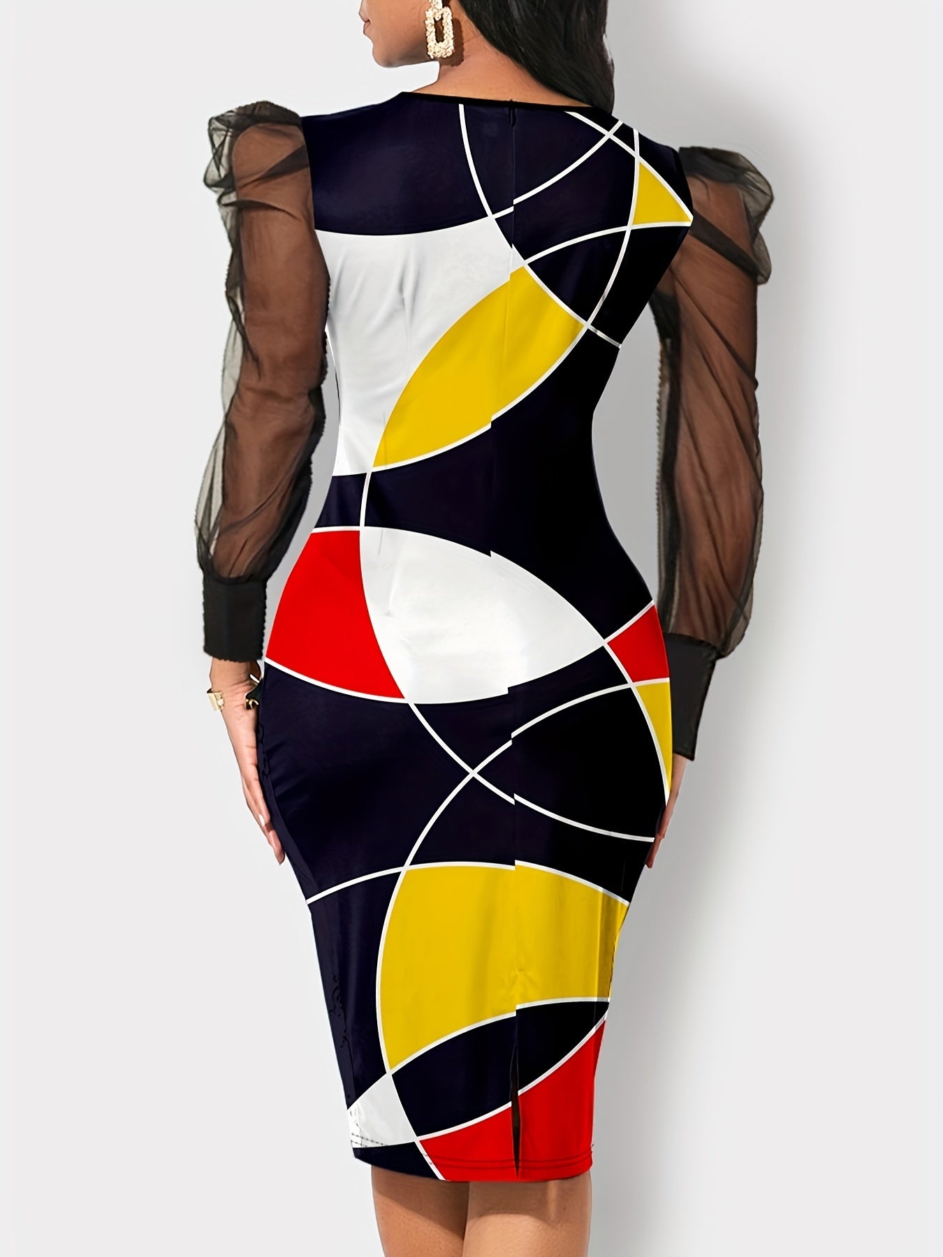  Geometric Print Lantern Sleeve V Neck Dress
