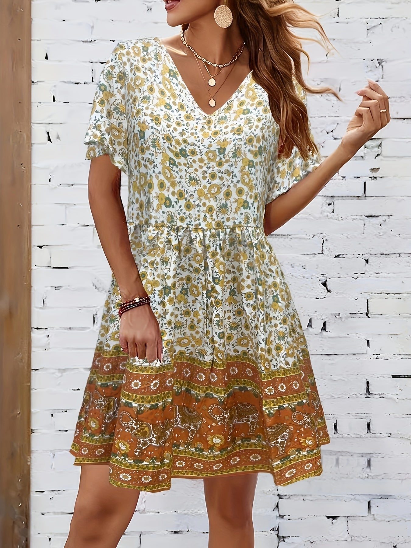 Women's Plus Floral Print Short Sleeve V Neck Summer Dress