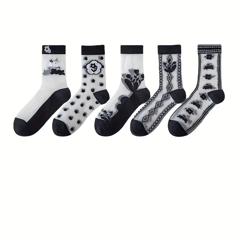 Floral Print Mesh Stitching Mid Tube Socks: 5 Pairs