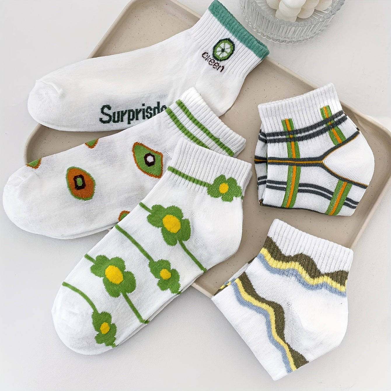5 Pairs Cartoon Striped Low Cut Socks for Women