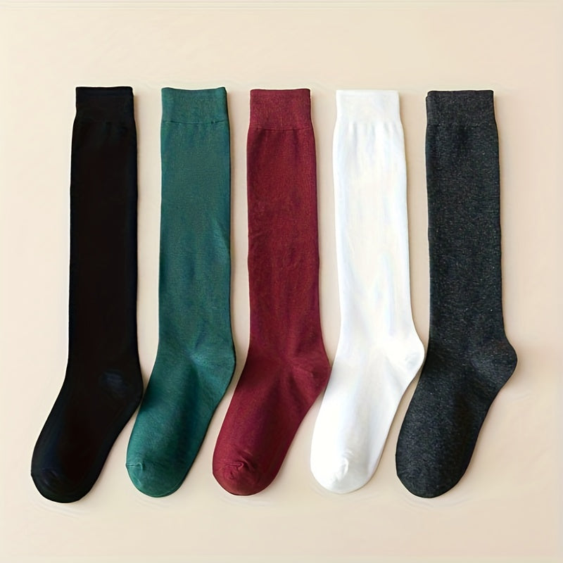 5 Pairs Solid Calf Socks Slim Knee High Socks Women's Stockings