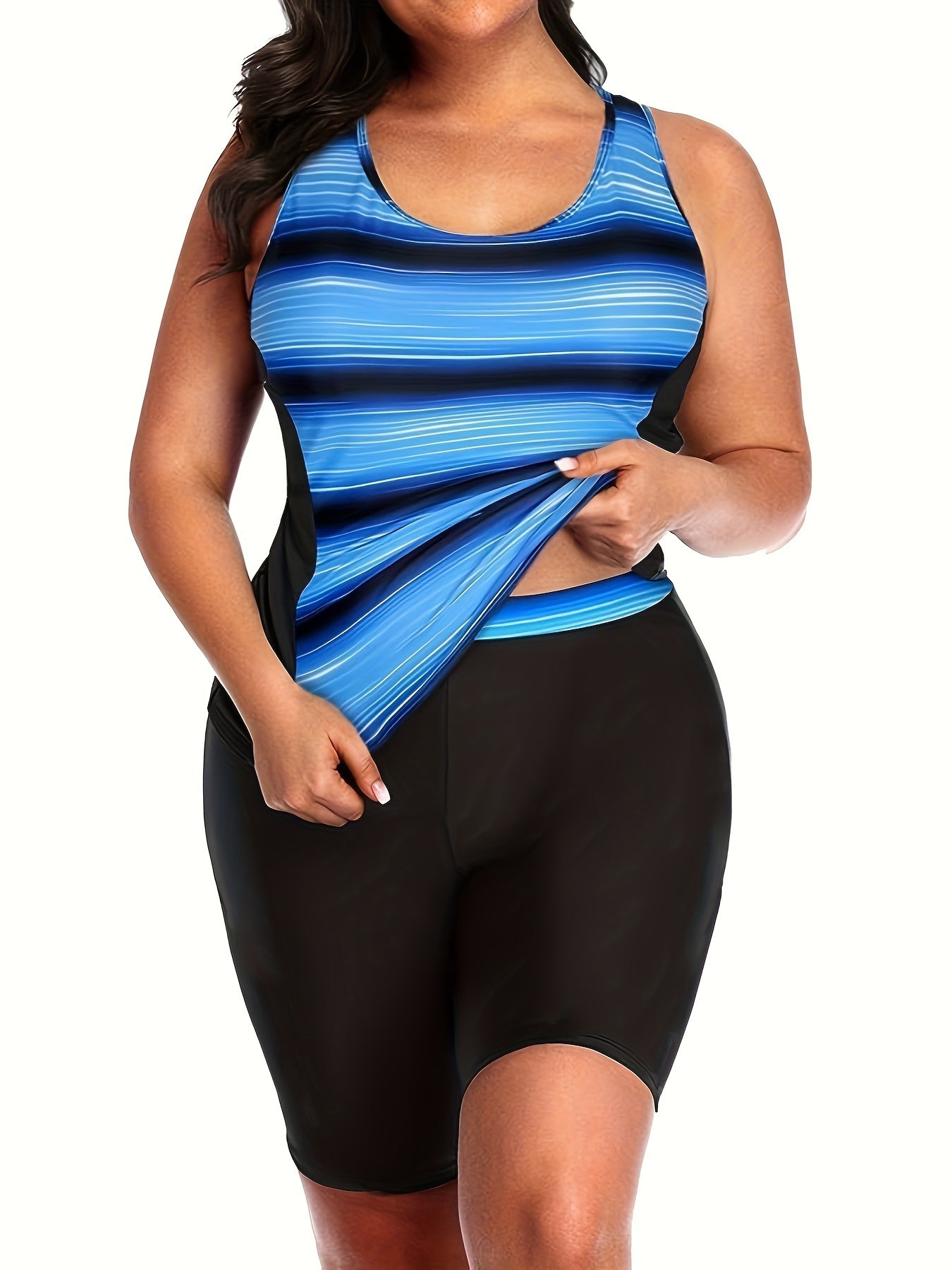  Striped Tankini Set Women's Sporty Racer Back Top & Shorts Swimsuit