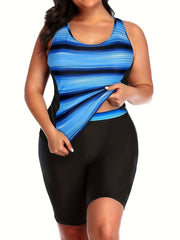  Striped Tankini Set Women's Sporty Racer Back Top & Shorts Swimsuit