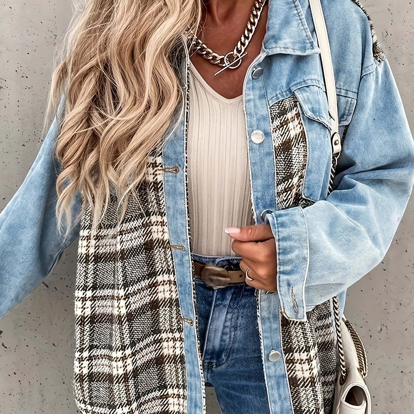 Colorblock Plaid Print Denim Jacket