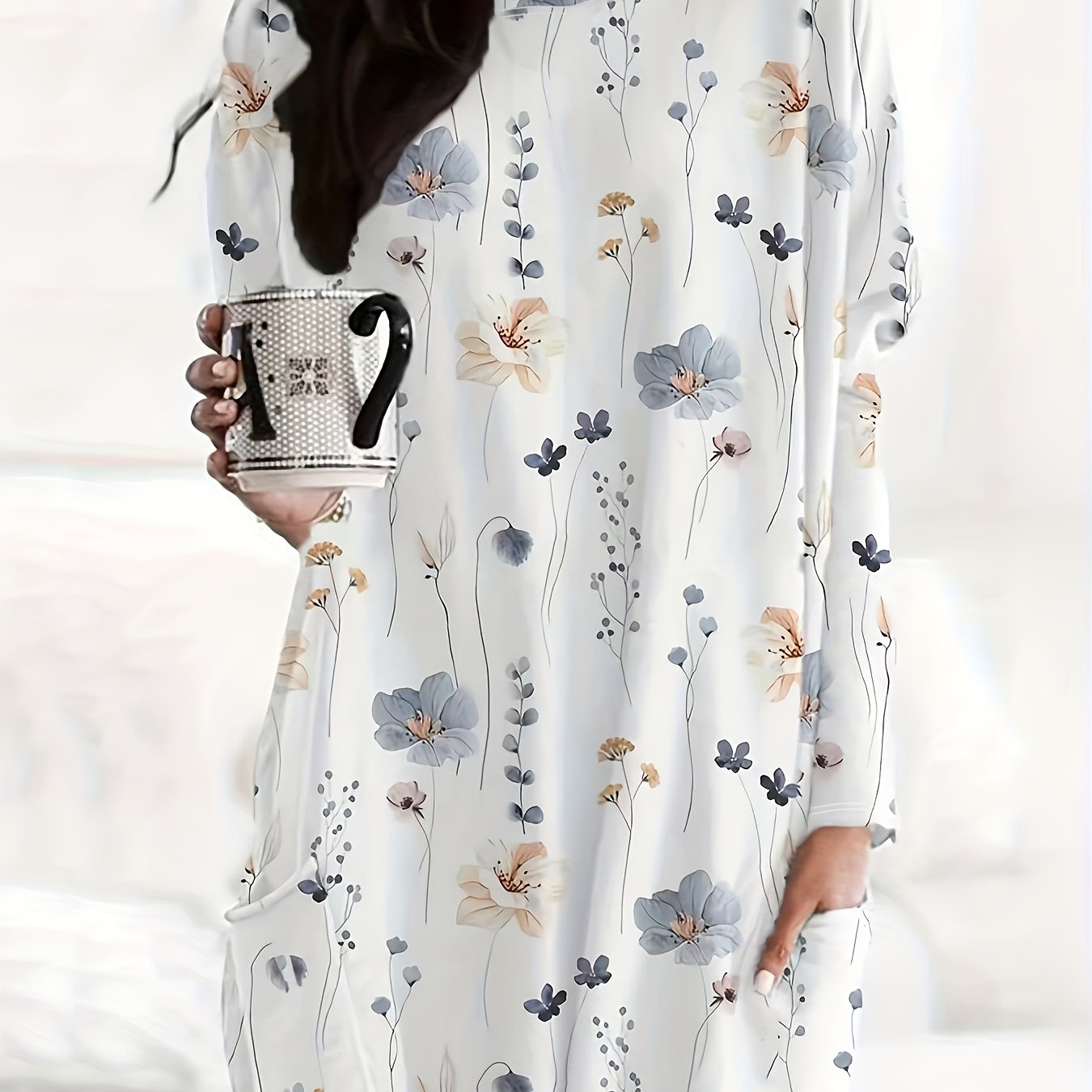  Floral Print Long Sleeve Pocketed Tee Dress